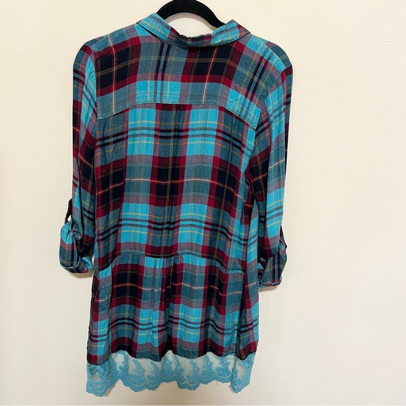 Soft Surroundings M Adeline Button Down Plaid Turquoise Lace Hem Tunic - Picture 6 of 8